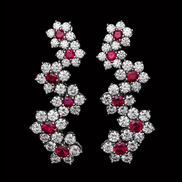 Diamond and Ruby Floral Drop Earrings - KGE250R