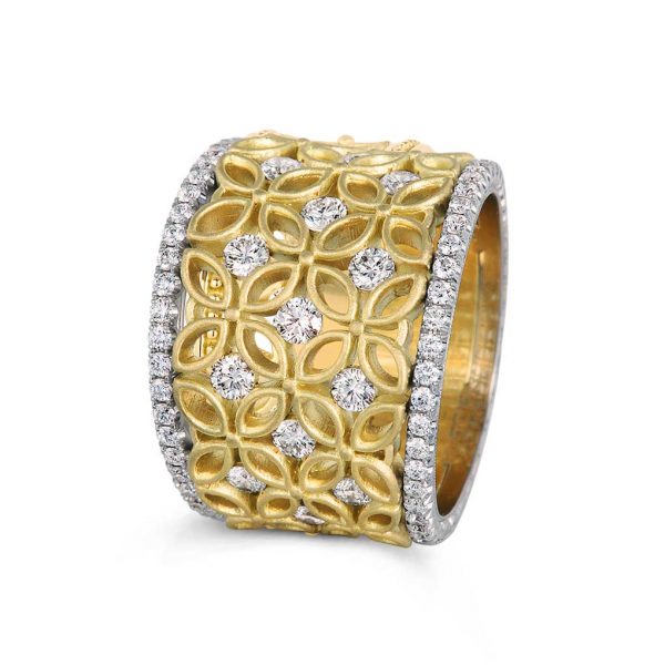 Jack Kelége women's wide diamond band with floral motif - KGBD175